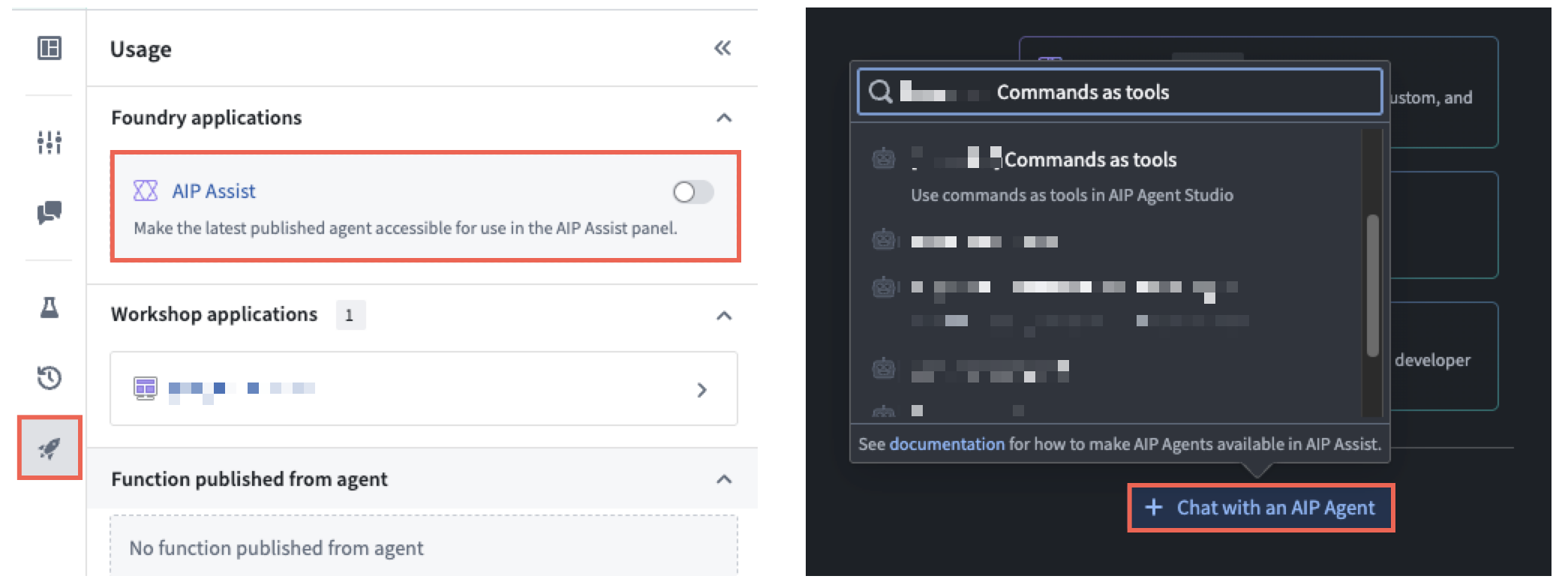 用户在 AIP Chatbot Studio 中打开 AIP Assist 开关,然后在 AIP Assist 聊天面板中选择其聊天机器人。