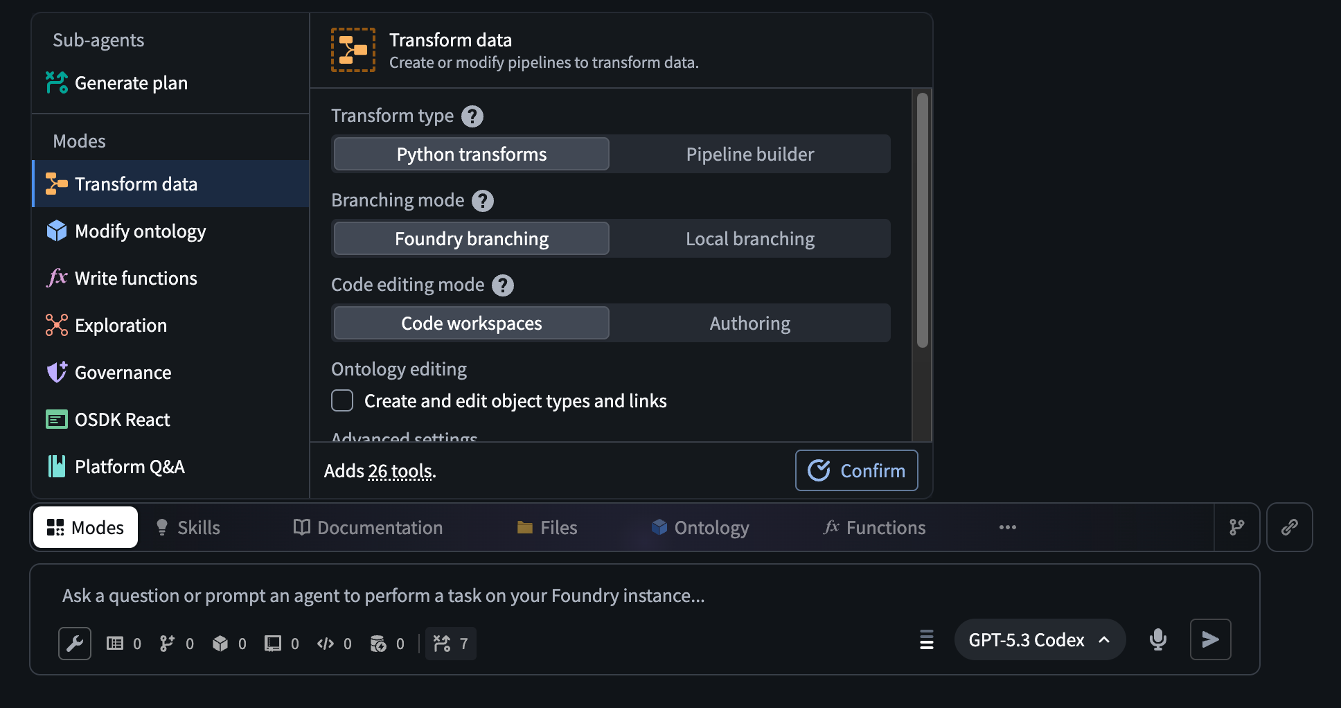 输入字段上方的 AI FDE Mode 选择器,带有额外的配置选项。