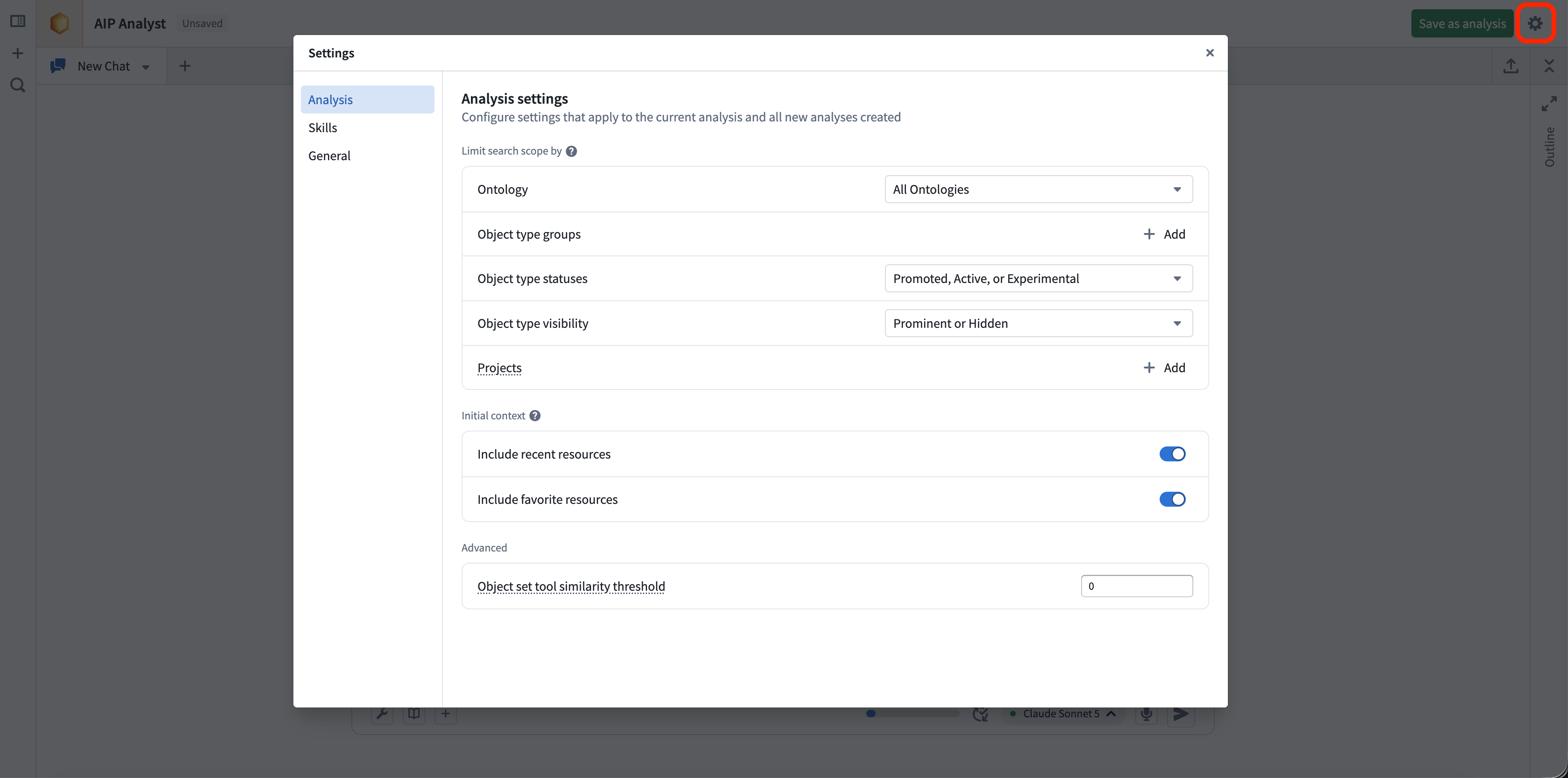 AIP Analyst 的 Settings 菜单。