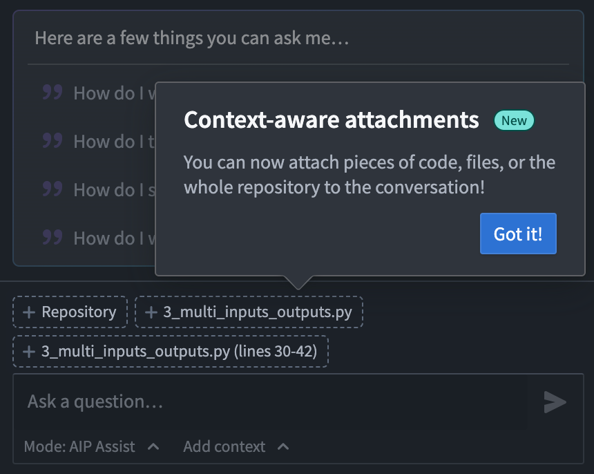 The AIP Assist attachment options in Code Repositories.