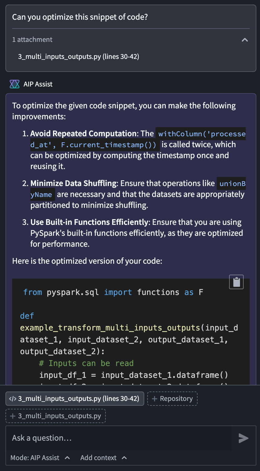 A sample question to AIP Assist asking for optimized code.