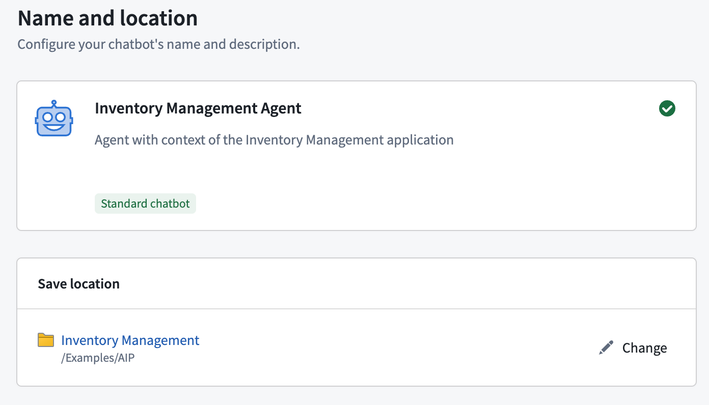 Configure the AIP Chatbot Name and Location.