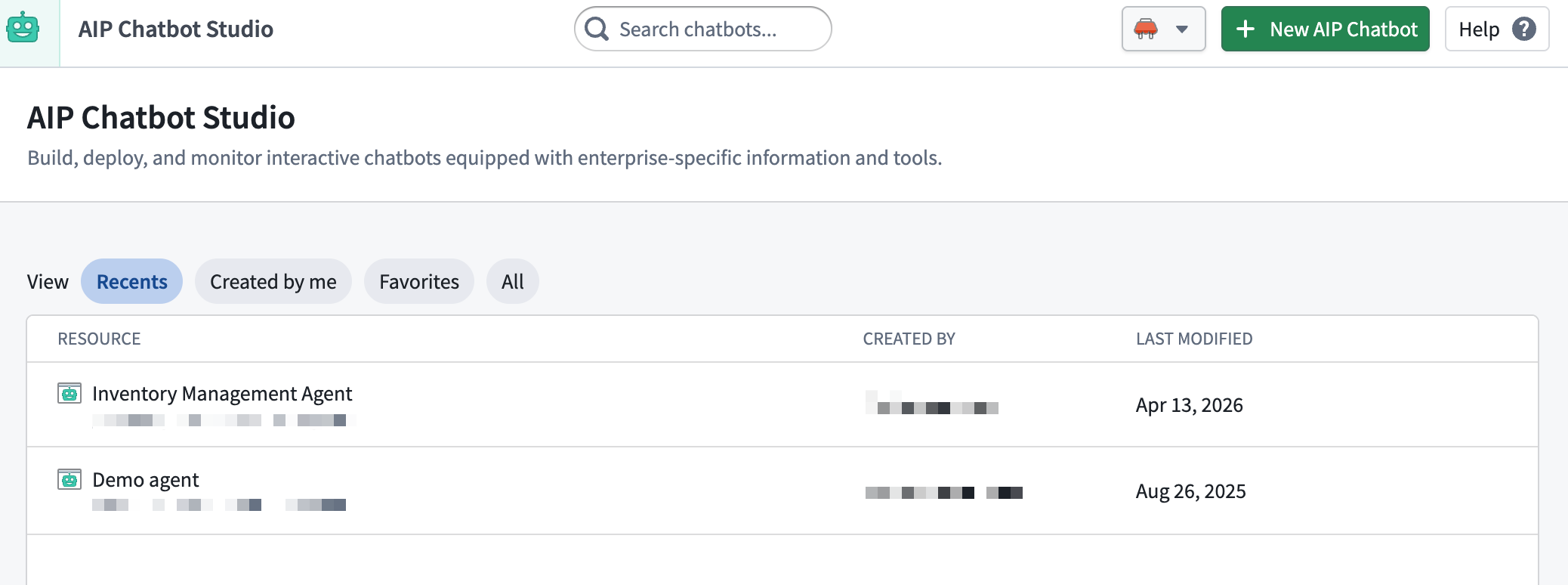 AIP Chatbot Studio 起始页面,其中包含 New AIP Chatbot 选项。