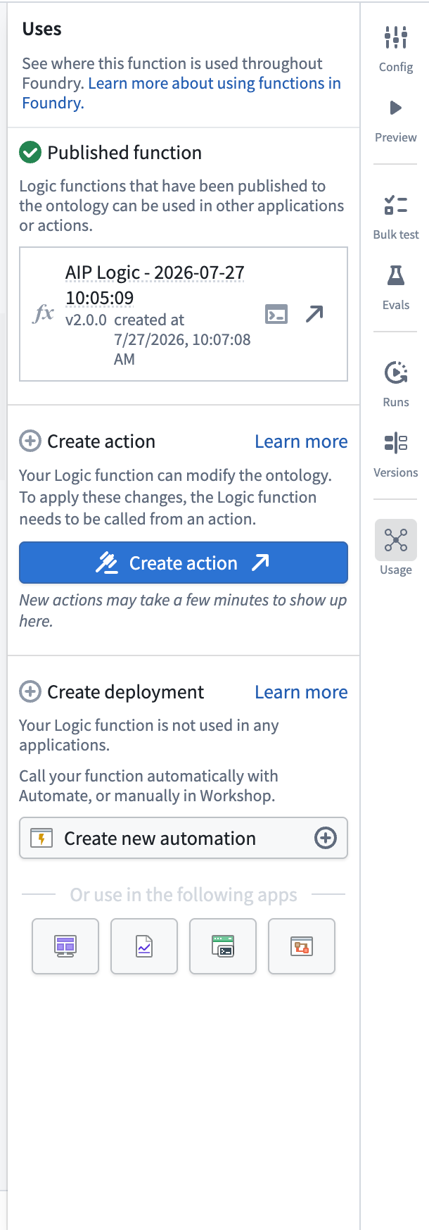 AIP Logic 中的 Create action 按钮。