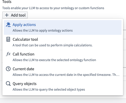 可供选择的 AIP Logic 工具:Apply actions、Call function、Query objects、Calculator tool。
