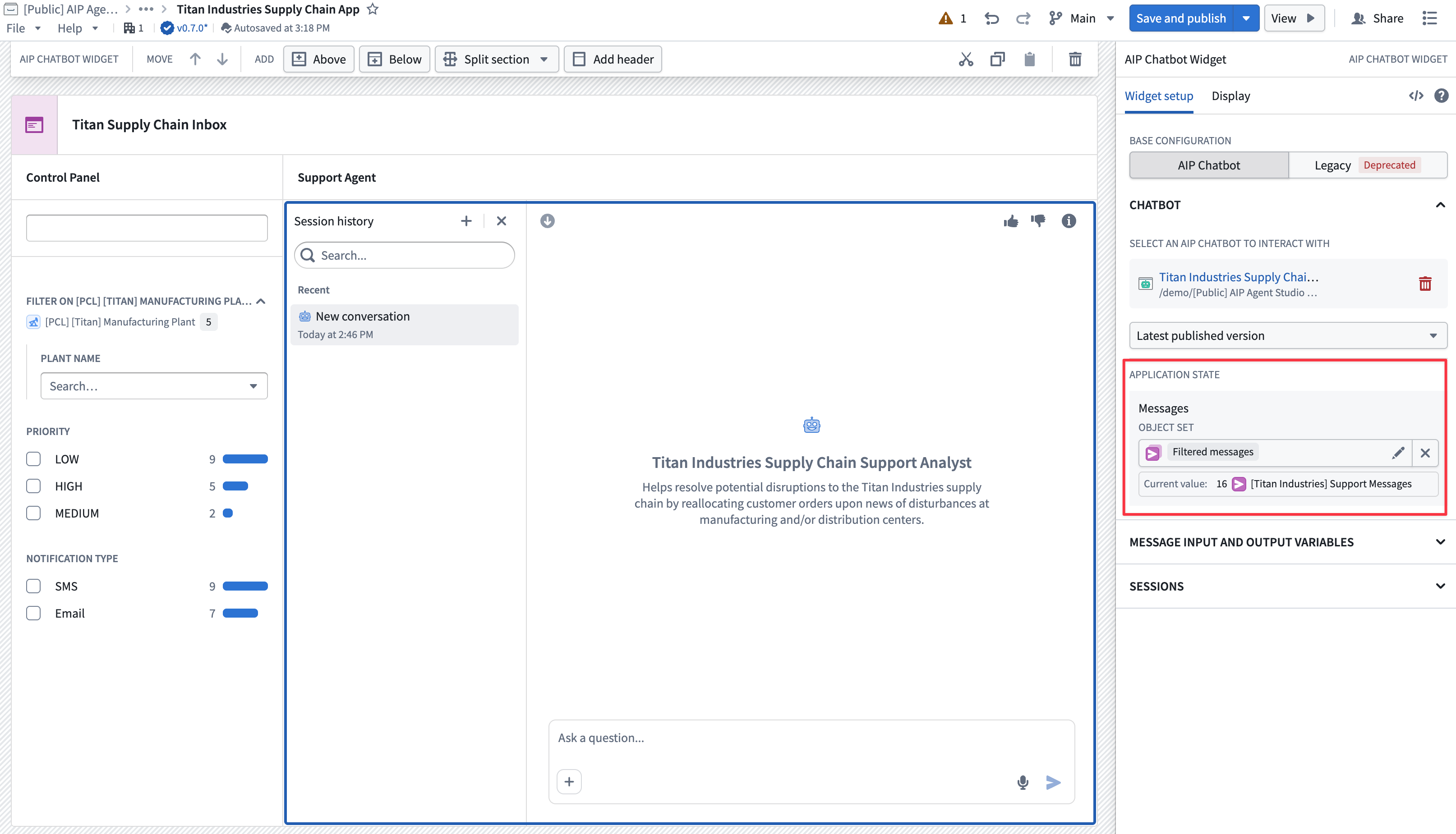 在聊天机器人的 application state 部分将 AIP Chatbot 的应用变量配置为 Workshop 变量。