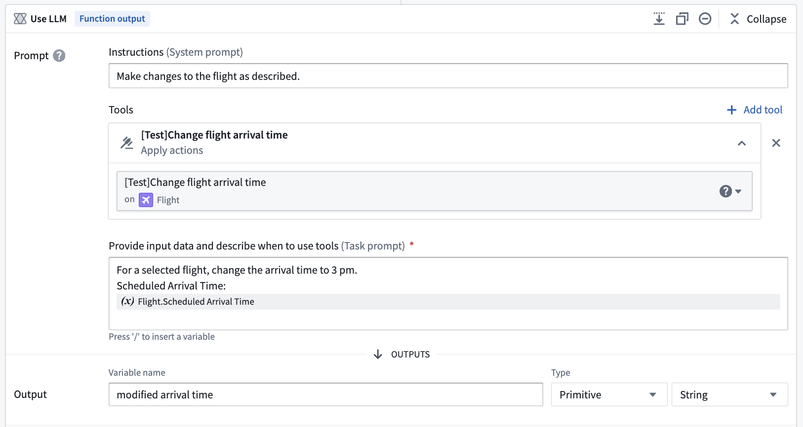 示例展示了 Apply actions 工具,其 prompt 为「Make changes to the flight as described」,并已从下拉菜单中预先选定了一个 action。