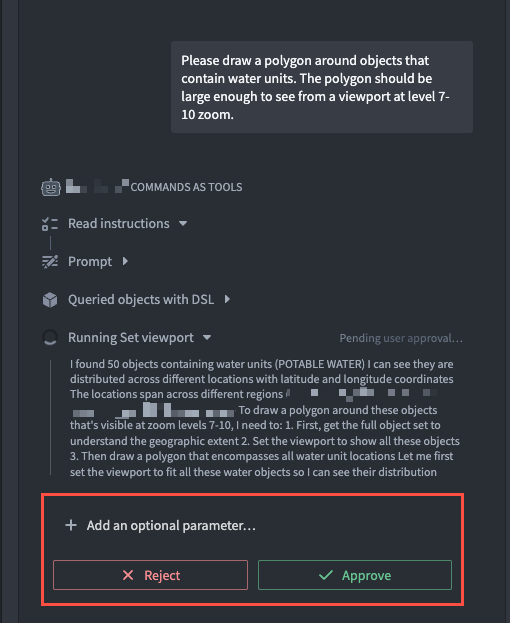 AIP Chatbot 提示用户 Reject 或 Accept 某个 command 输出。