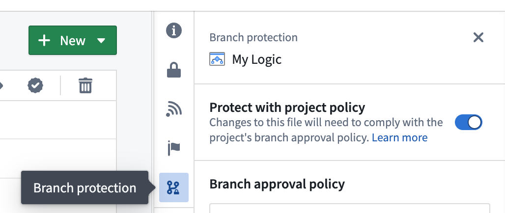 Branch protection 标签页,展示了 protect with policy 选项。
