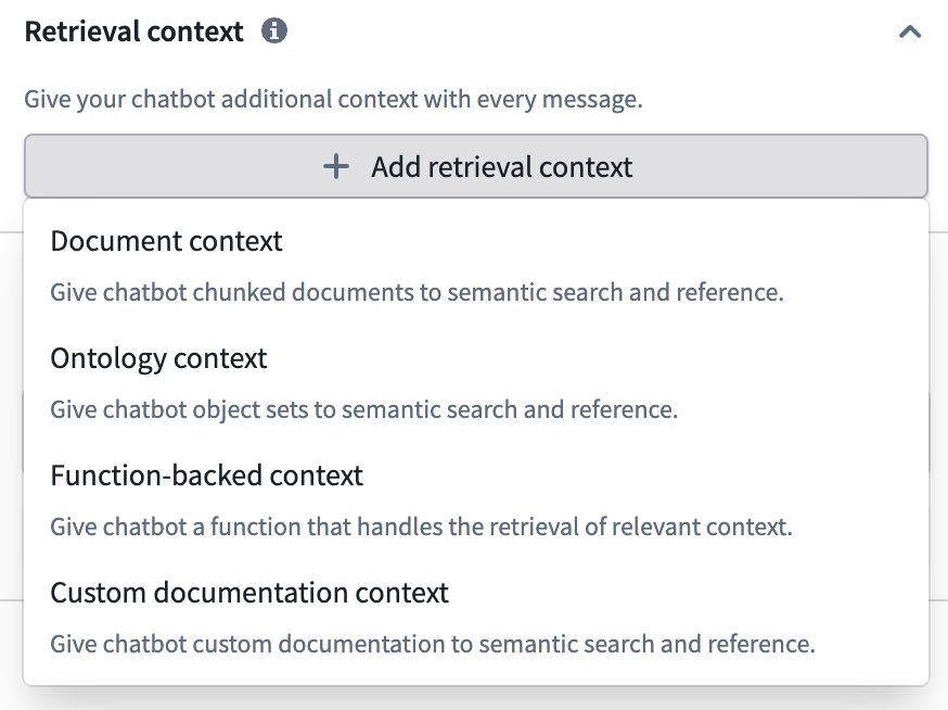 AIP Chatbot Studio 编辑模式中显示的 retrieval context 选项。
