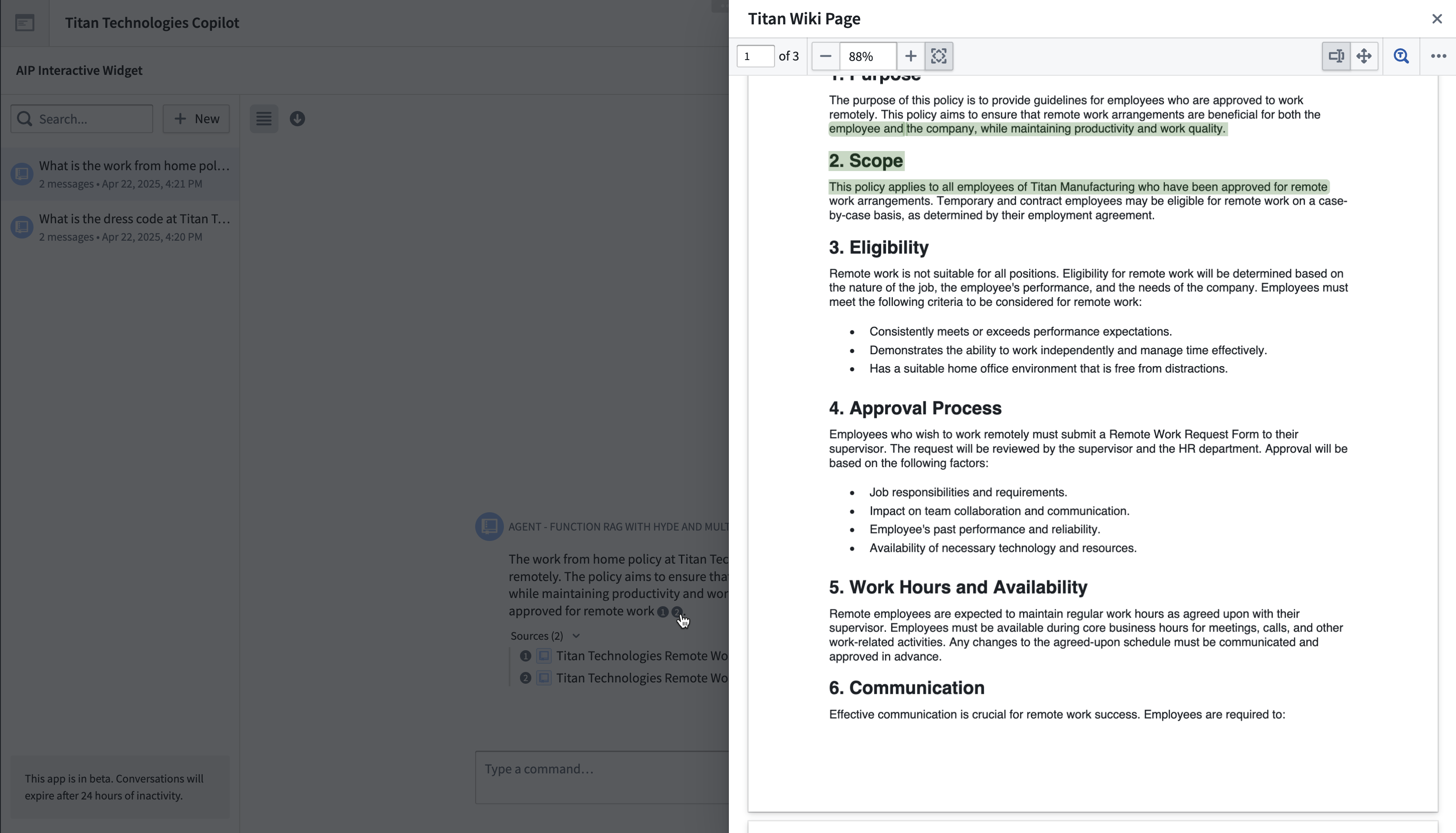 AIP Chatbot widget 在选中 citation 时配置了弹出悬浮层的截图。