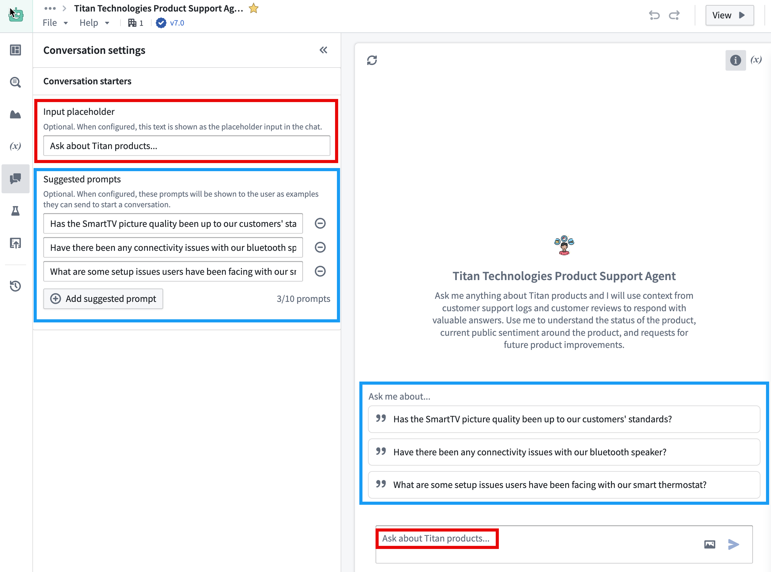 AIP Chatbot Studio 编辑视图,高亮显示了更改输入占位符和建议提示词的选项。