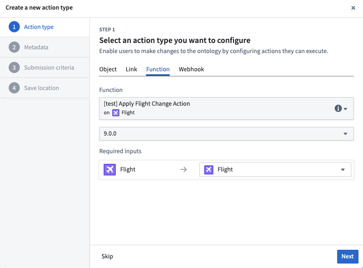 Create a new action type 窗口,函数和输入已从下拉菜单中选定。