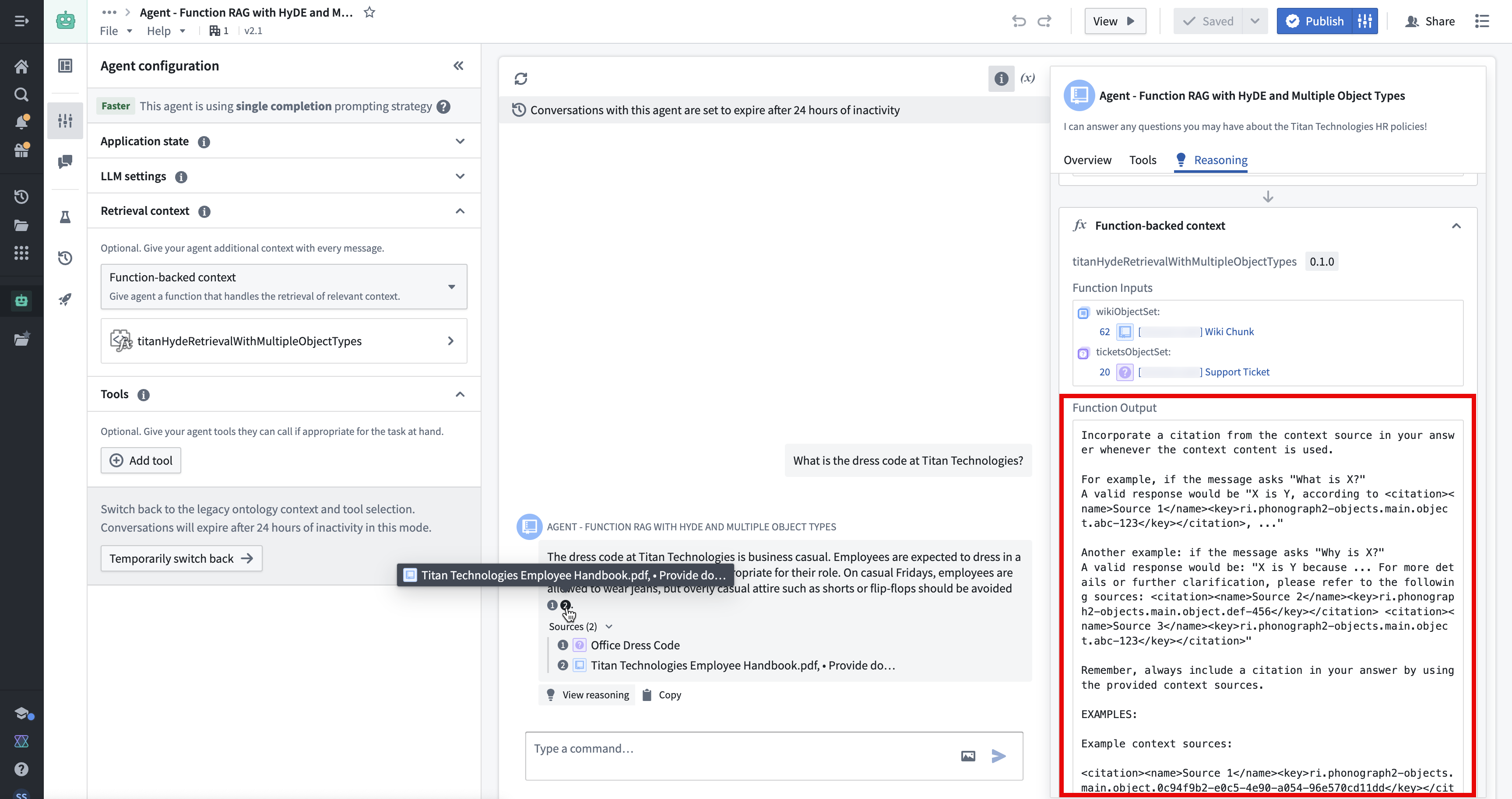 用于从 function-backed context 输出 citations 的自定义提示词截图