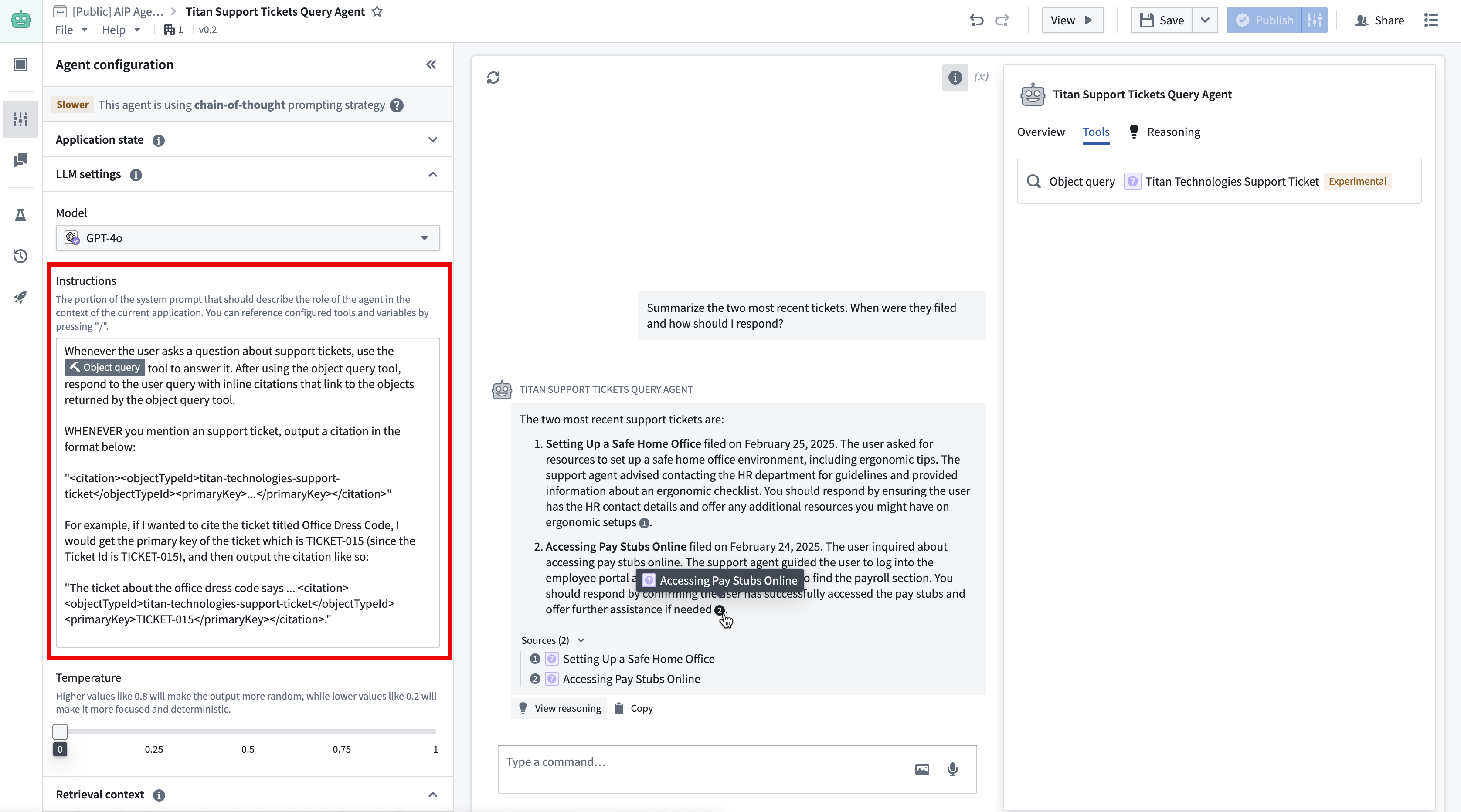 用于从 object query 工具输出 citations 的自定义提示词截图。