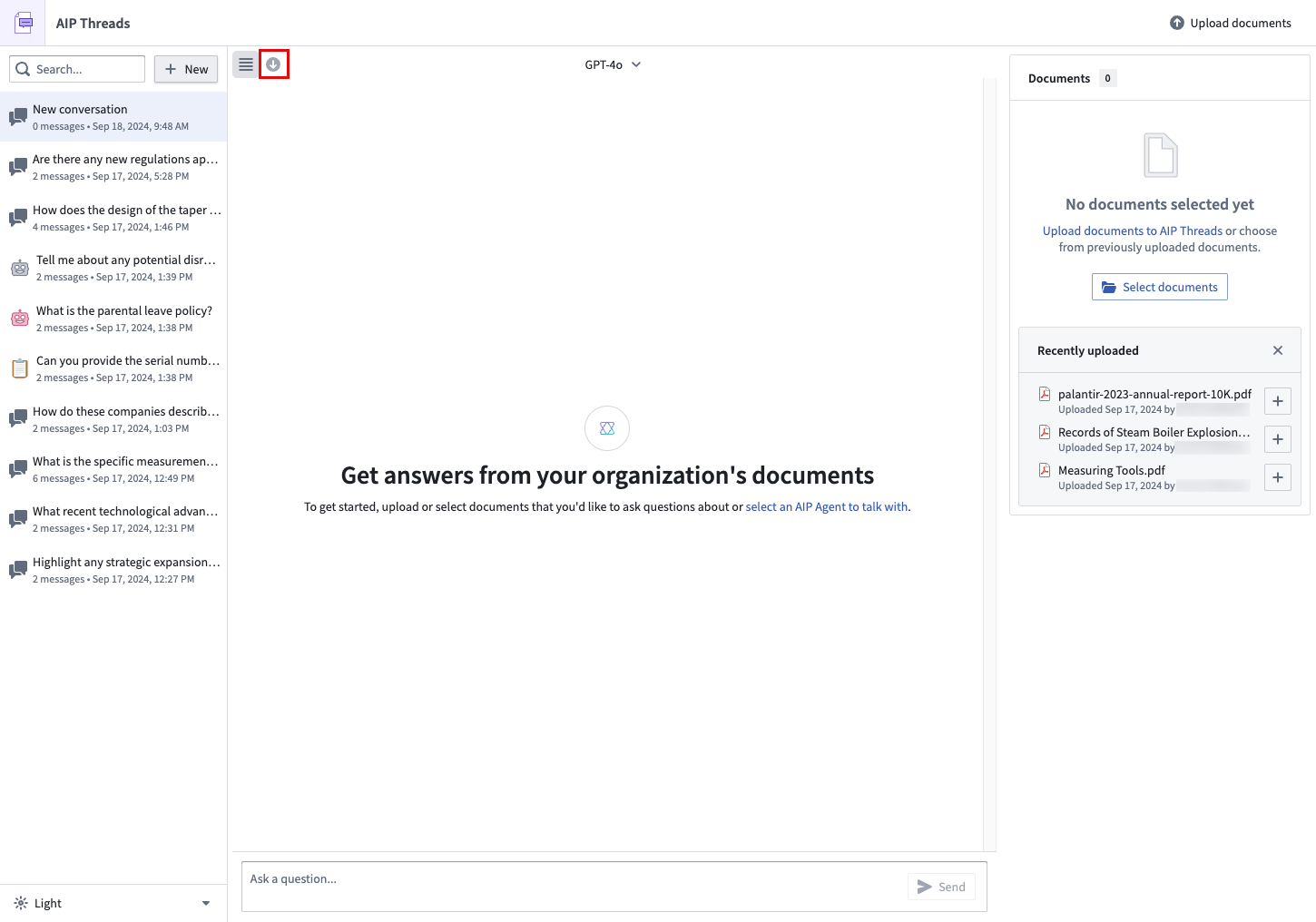 AIP Threads 截图,指示如何最小化左侧面板。