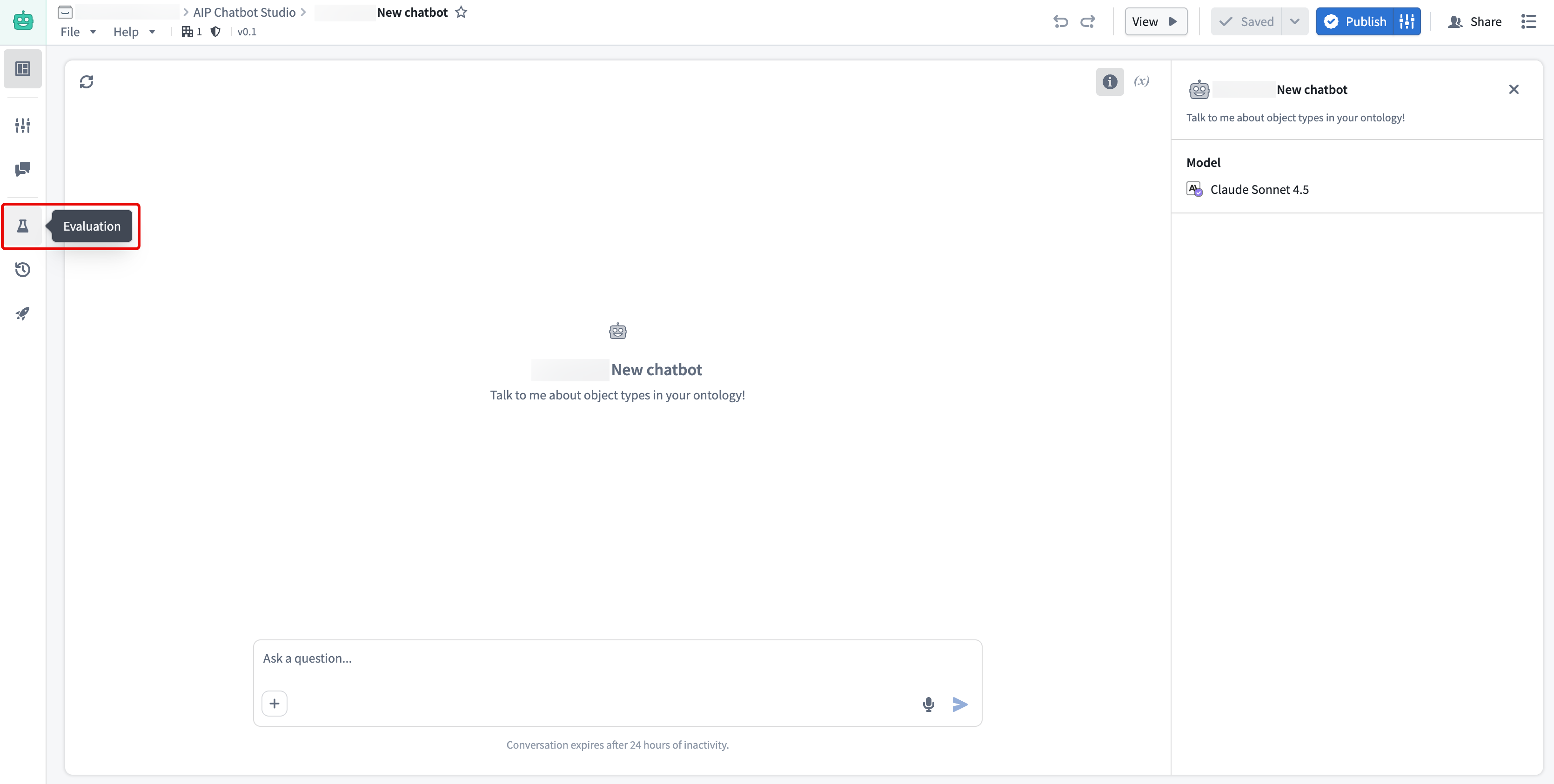 AIP Chatbot Studio 中的评估侧边面板。