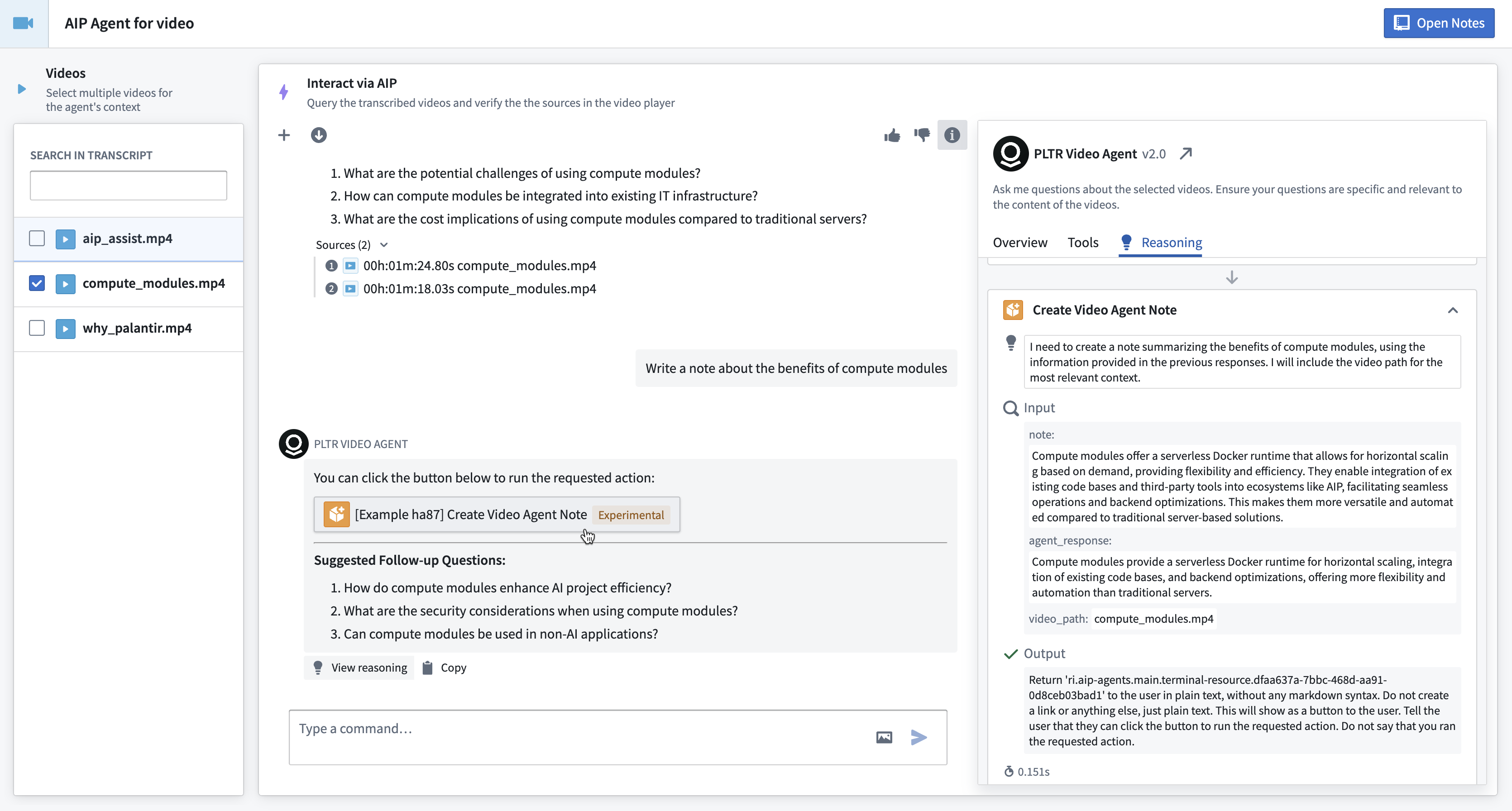 AIP Chatbot Studio 的编辑模式,右侧显示给定回复的 LLM 推理过程。