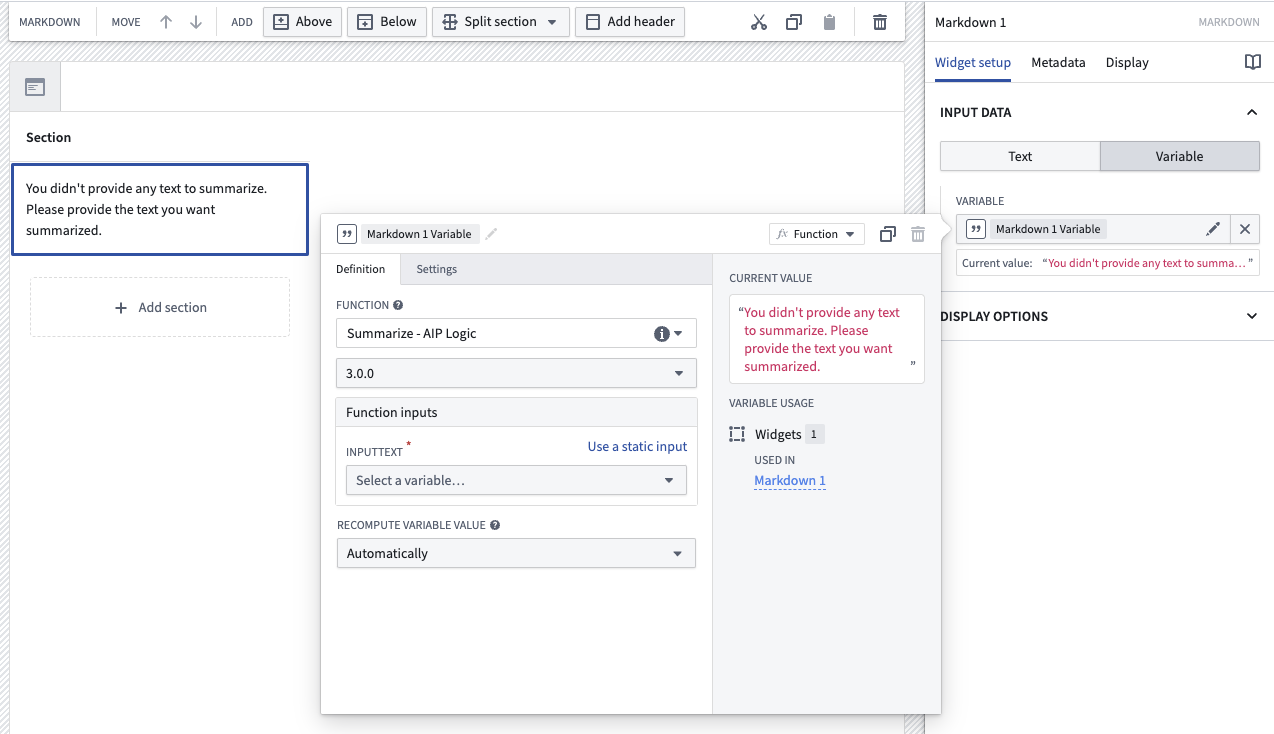 示例展示了 Workshop 应用中的 Markdown widget 设置弹出框。