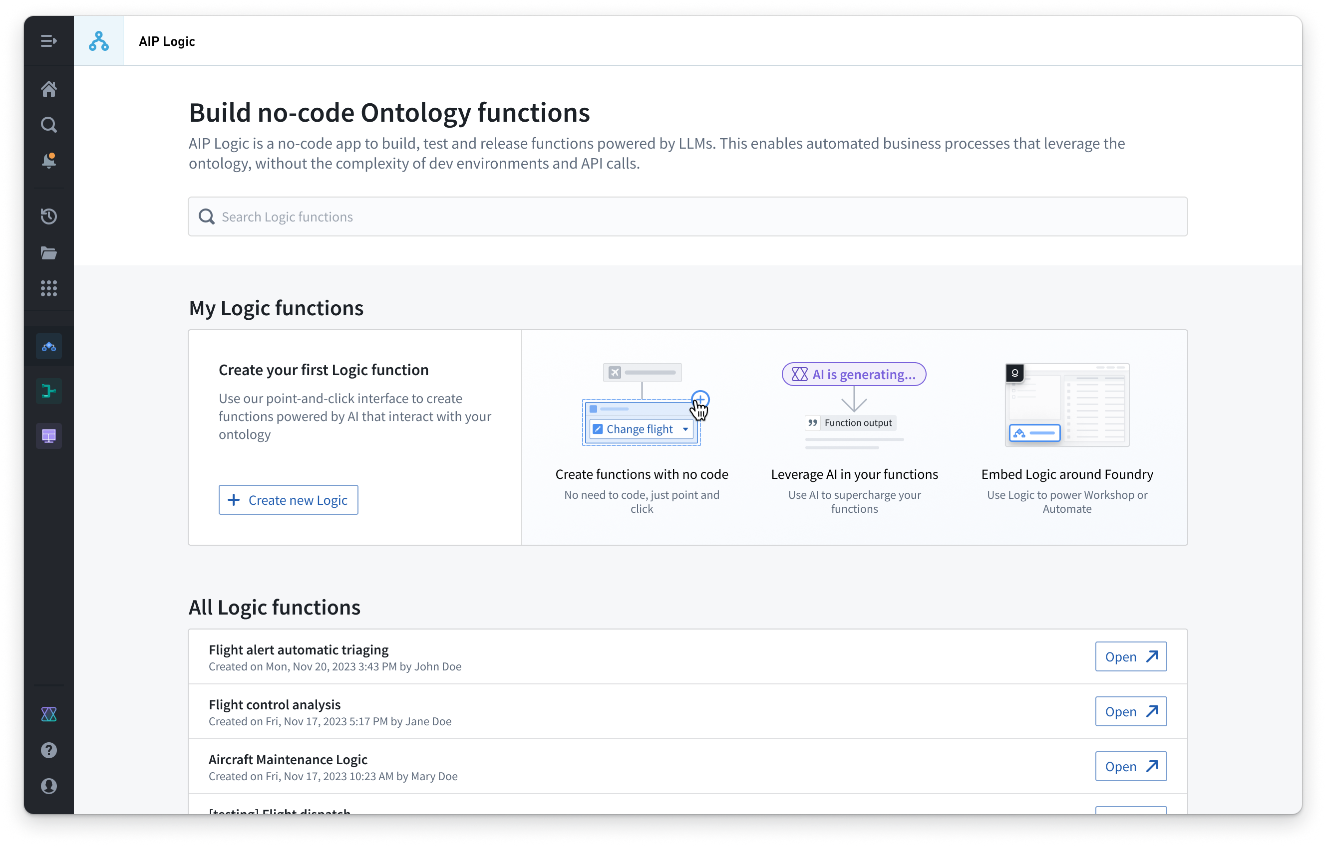 AIP Logic 的引导界面,包含一个用于创建新 Logic 的按钮,以及一个列出你的 Logic 函数的空间。