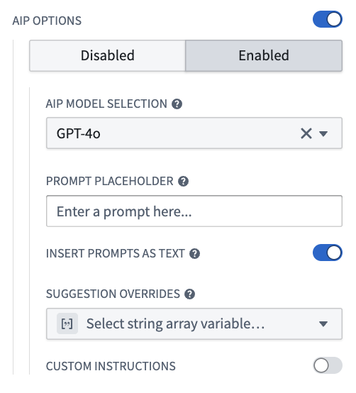 free-form analysis widget 配置面板中的 “AIP options”。