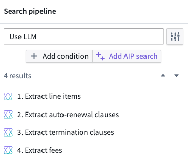 Pipeline Builder 中的搜索结果。