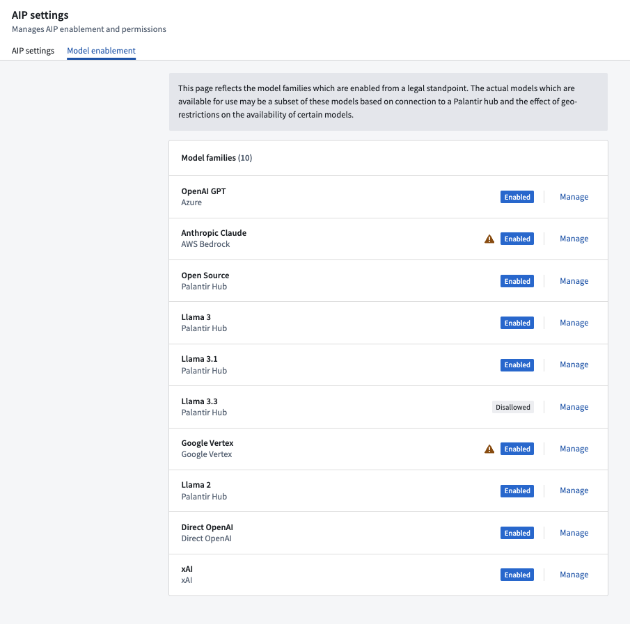 AIP Settings Control Panel 扩展中的 Model enablement 标签页。