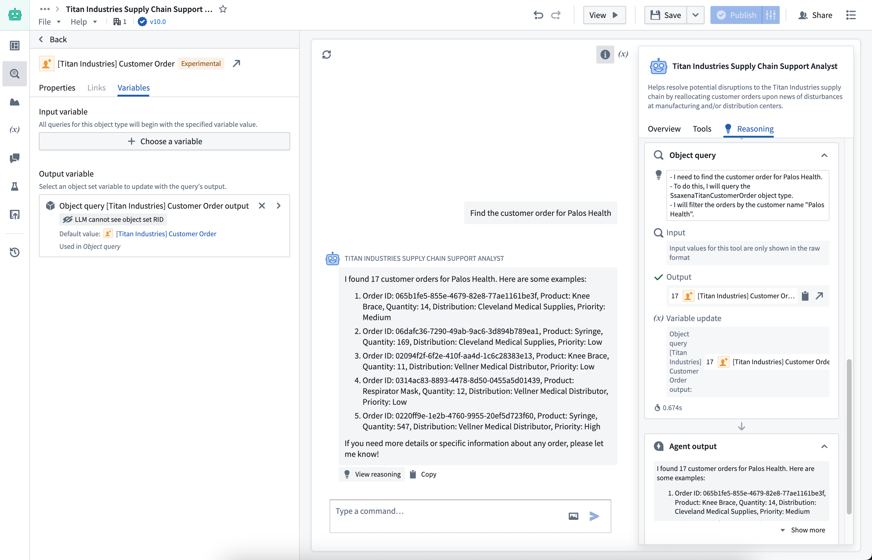 为 object query 工具配置 AIP Chatbot 的输出变量。