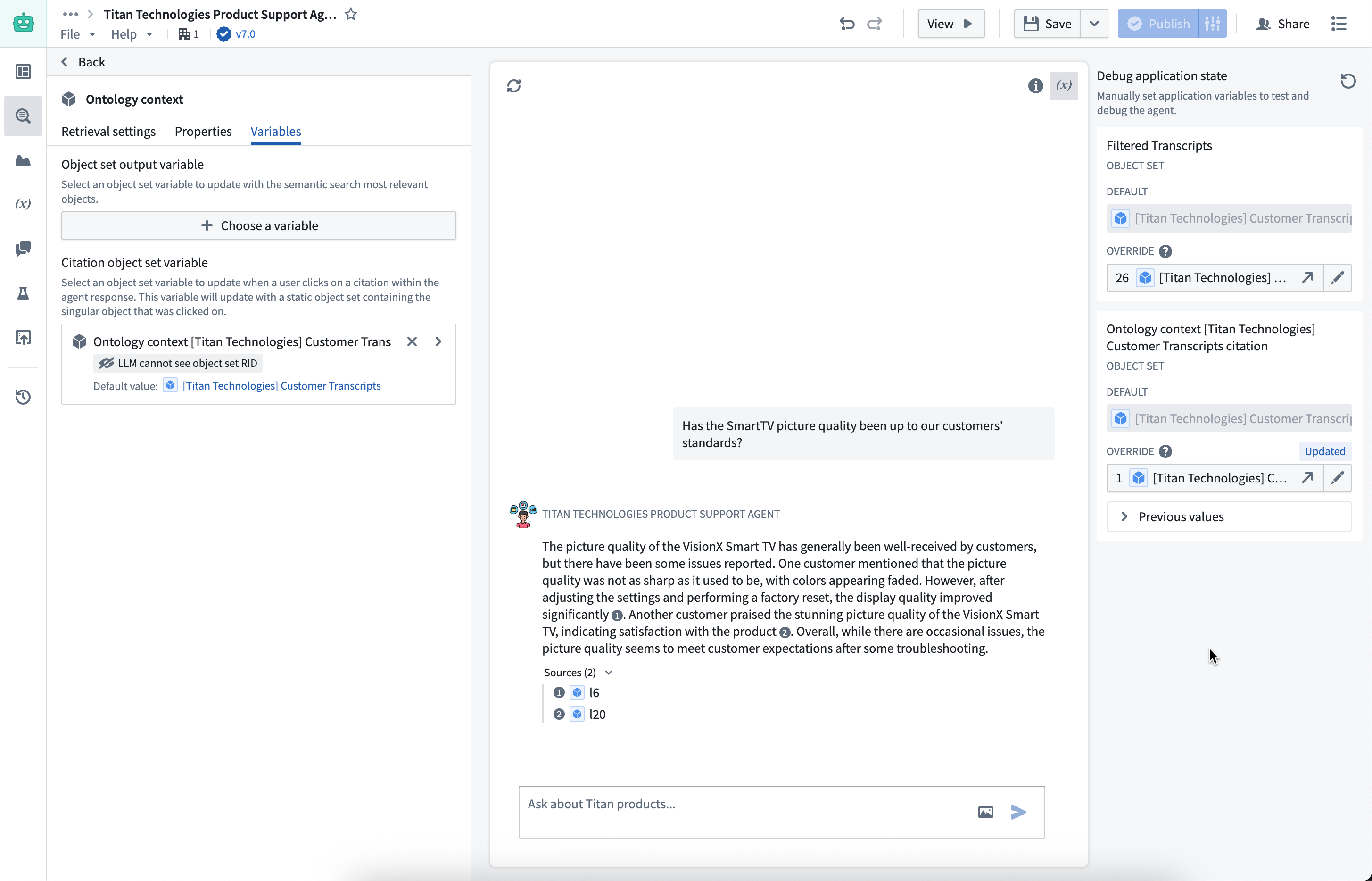 为 AIP Chatbot 配置 ontology context citation 输出变量。