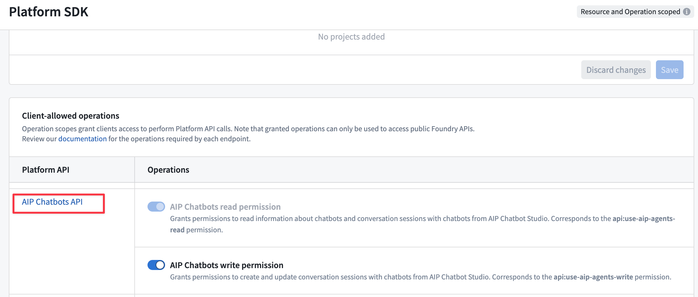 在 Client allowed operations 表格中启用 AIP Chatbot API 操作。