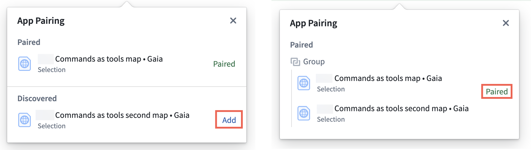 App Pairing 弹窗显示用户可配对的多个 Gaia 地图。