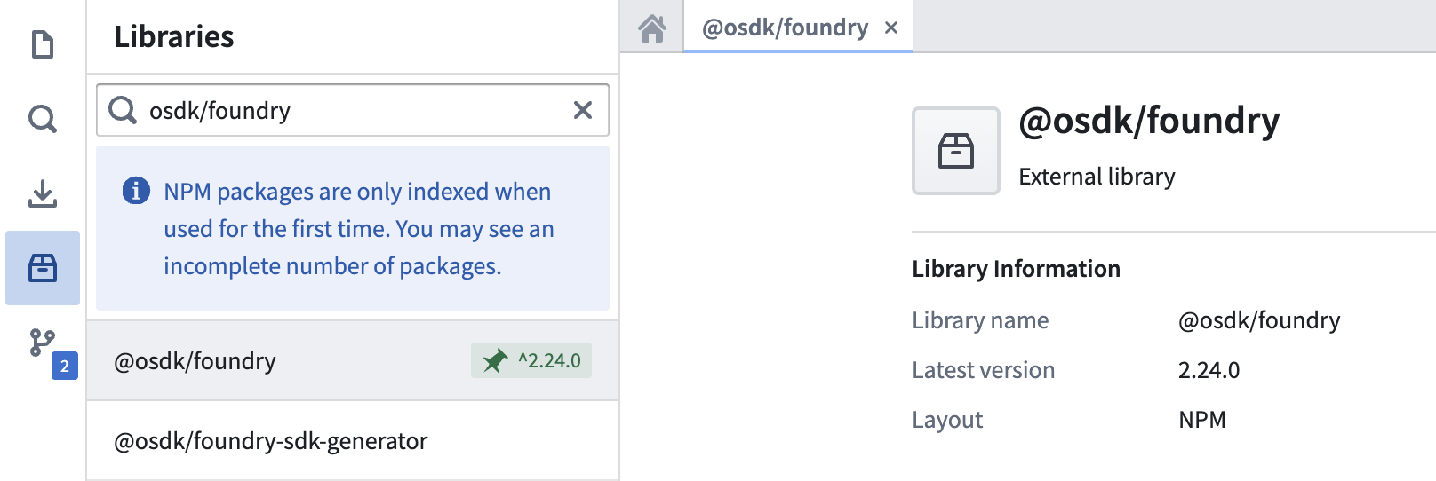 Libraries 搜索面板,正在搜索 TypeScript 版 platform SDK。