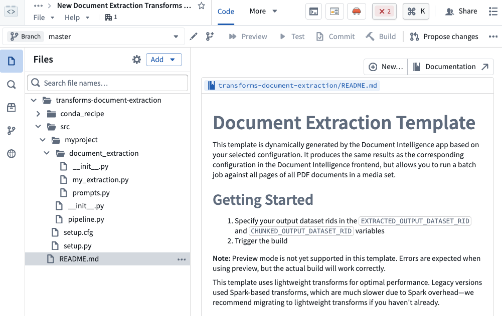 一个 Python transform 仓库,已预先配置好 AIP Document Intelligence 模板。