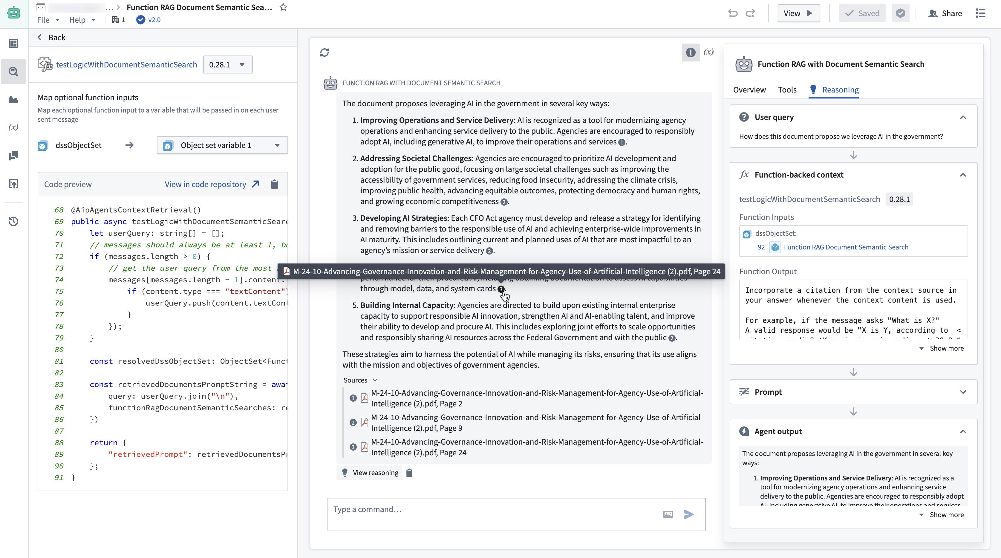 AIP Chatbot Studio 配置了 function-backed context 以返回自定义文档 citations 的截图。