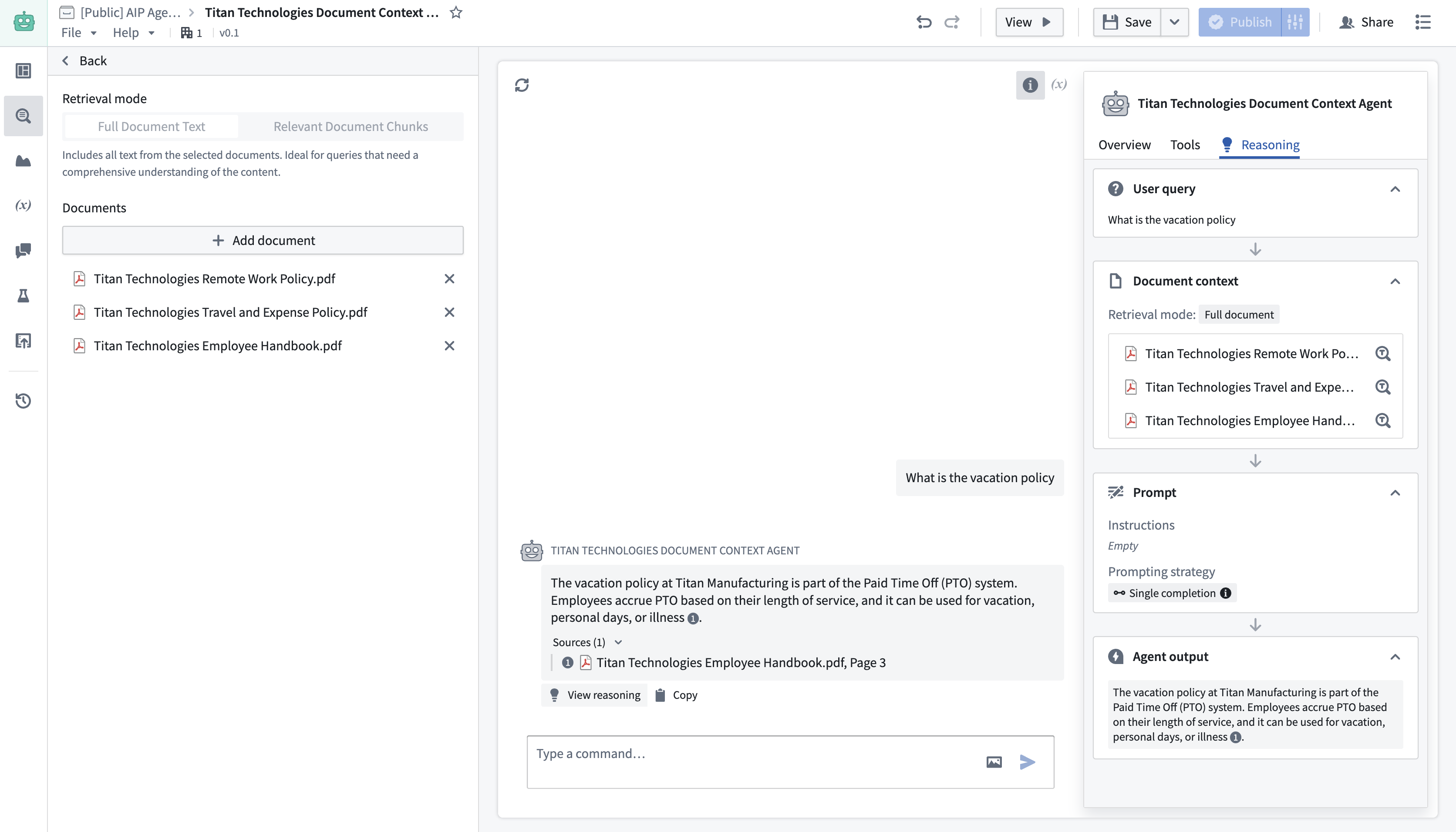 配置了 document context 的 AIP Chatbot Studio 编辑页面截图。