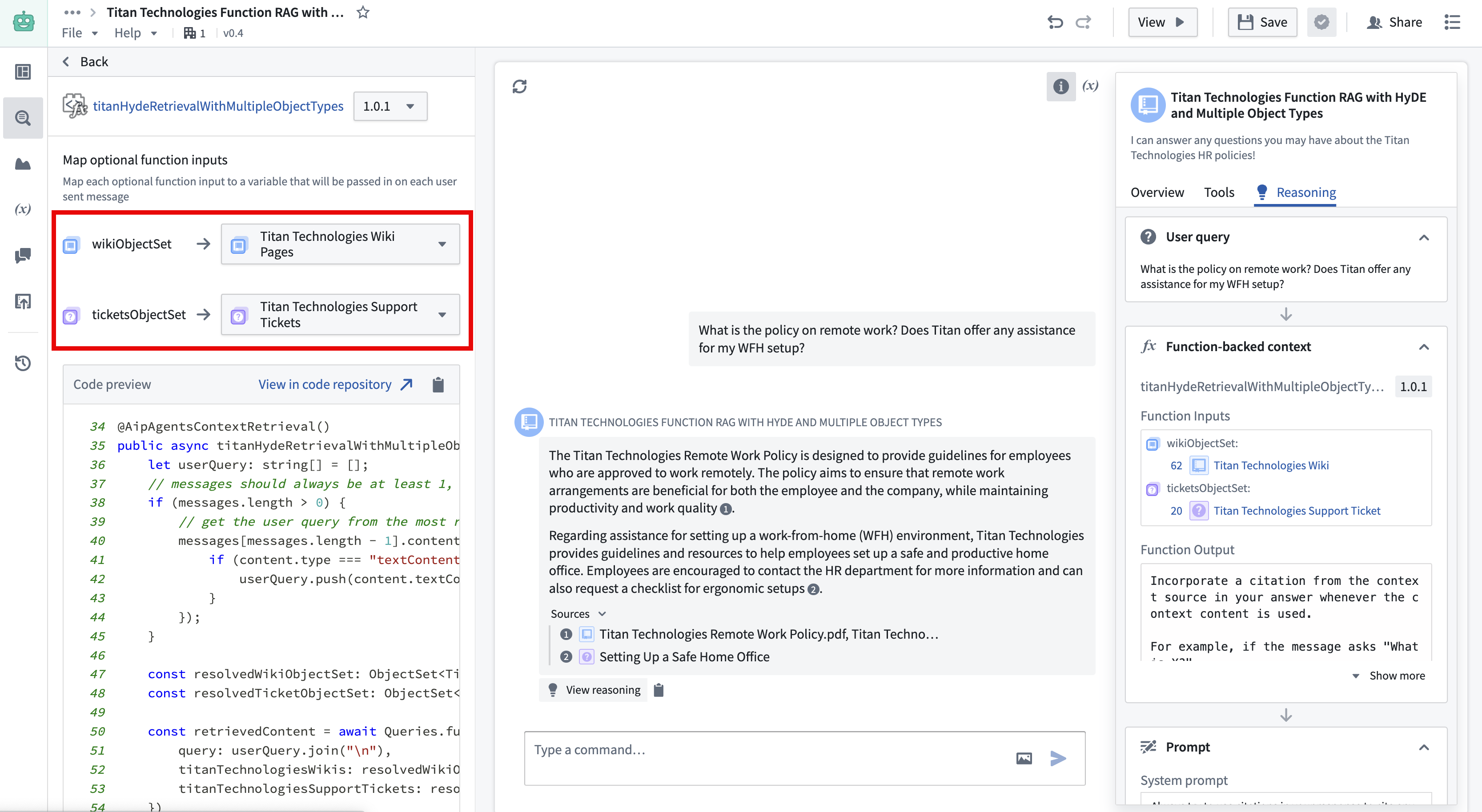 AIP Chatbot Studio 编辑页面中检索函数输入映射的截图。