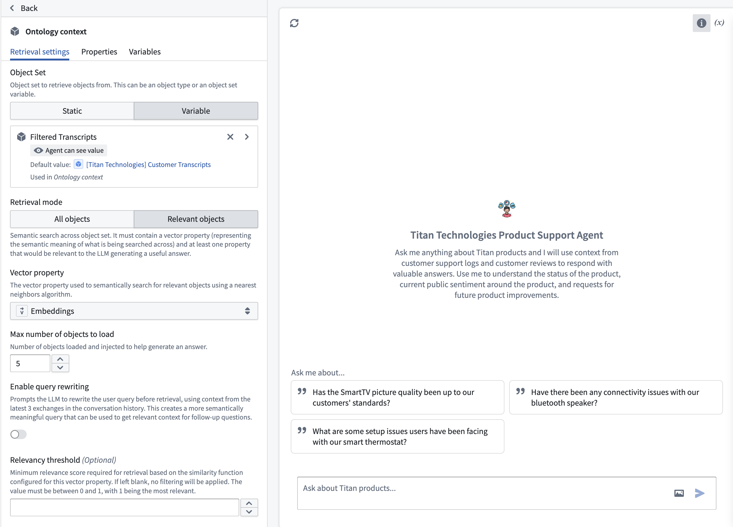 AIP Chatbot Studio 编辑模式中 Ontology context 配置的示例。