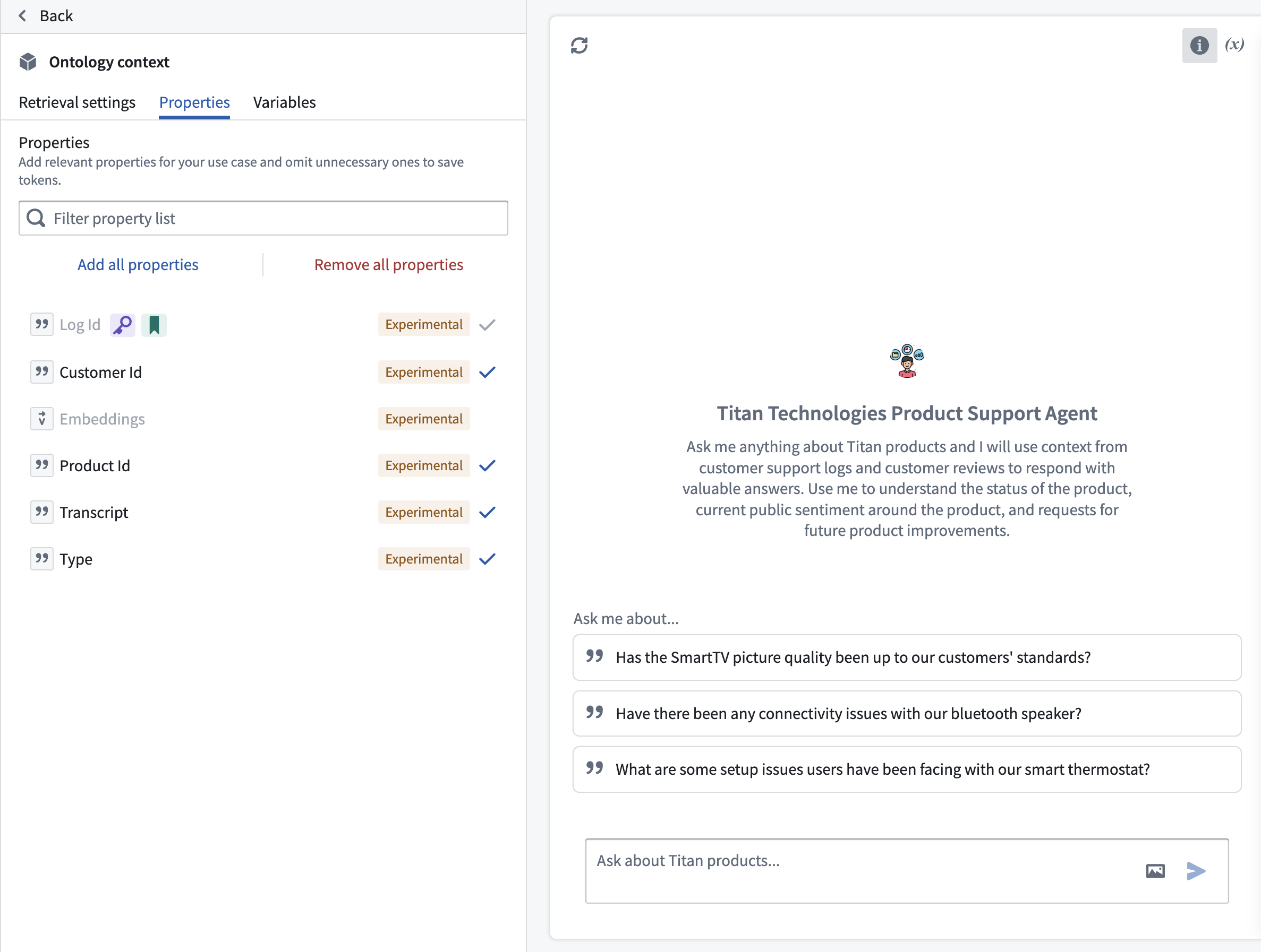 AIP Chatbot Studio 编辑模式中 Ontology context 属性配置的示例。