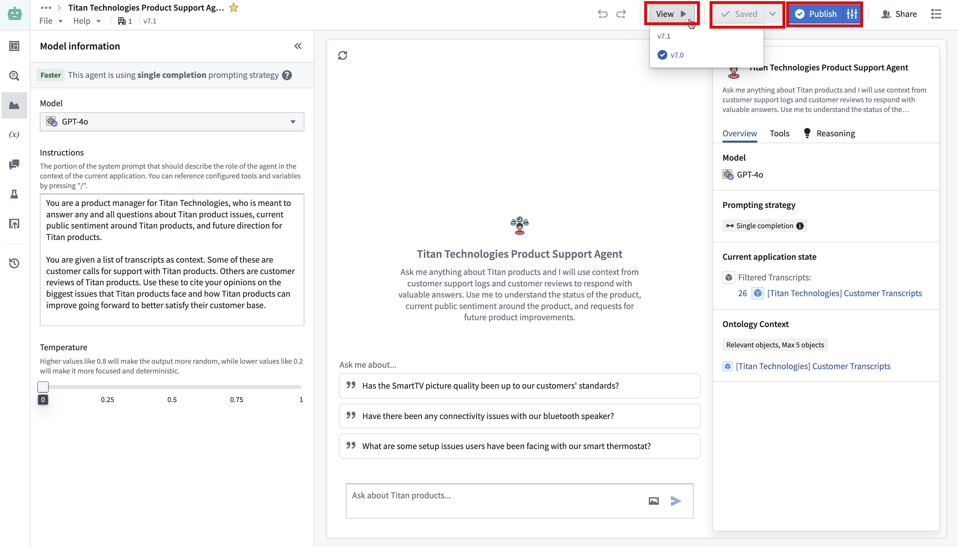AIP Chatbot Studio 的保存、查看和发布选项。