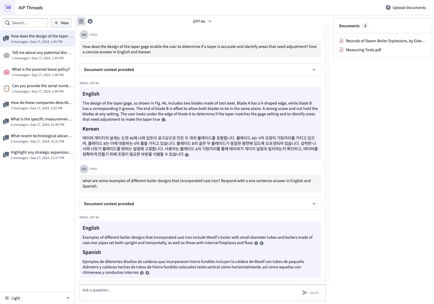 AIP Threads 主界面,展示了若干包含文档和 AIP Chatbots 的对话。所选的对话提出了一个技术问题,答案中包含对原始文档的引用。