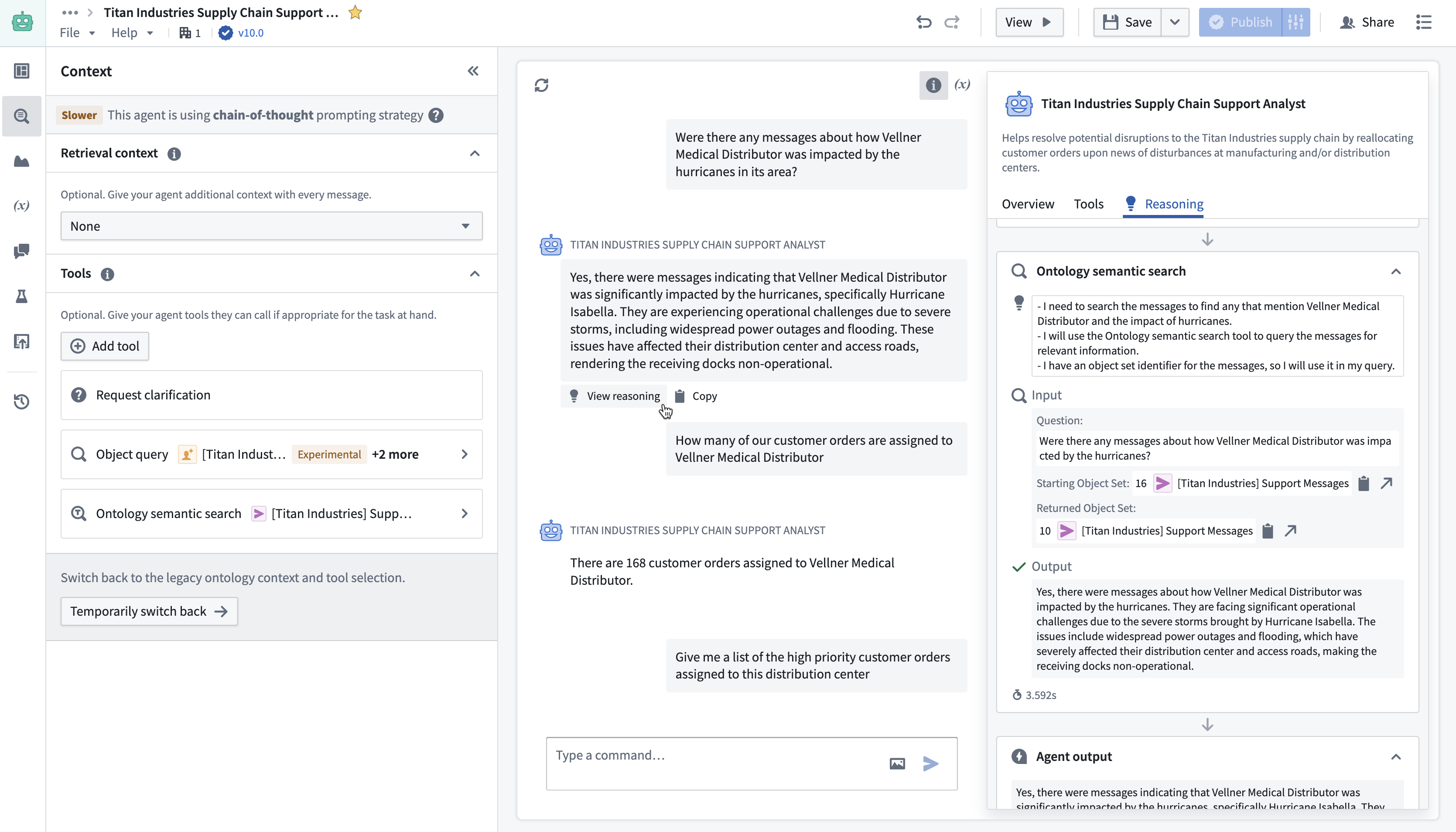 AIP Chatbot Studio 编辑模式的截图,其中的聊天机器人配置了一个 Action、Object Query 工具和一个 Ontology Semantic Search 工具。