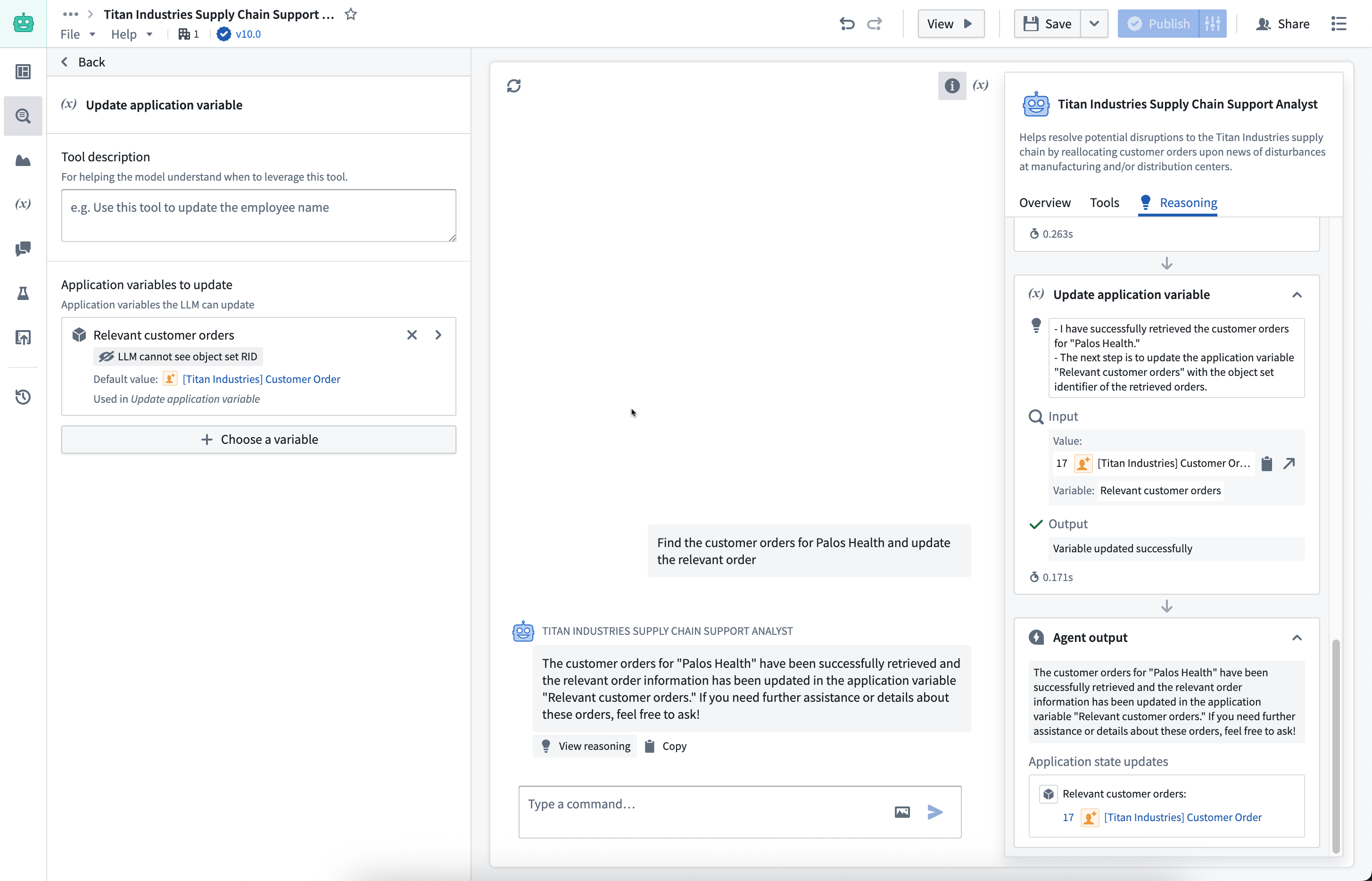 为 AIP Chatbot 配置 Update application variable 工具。