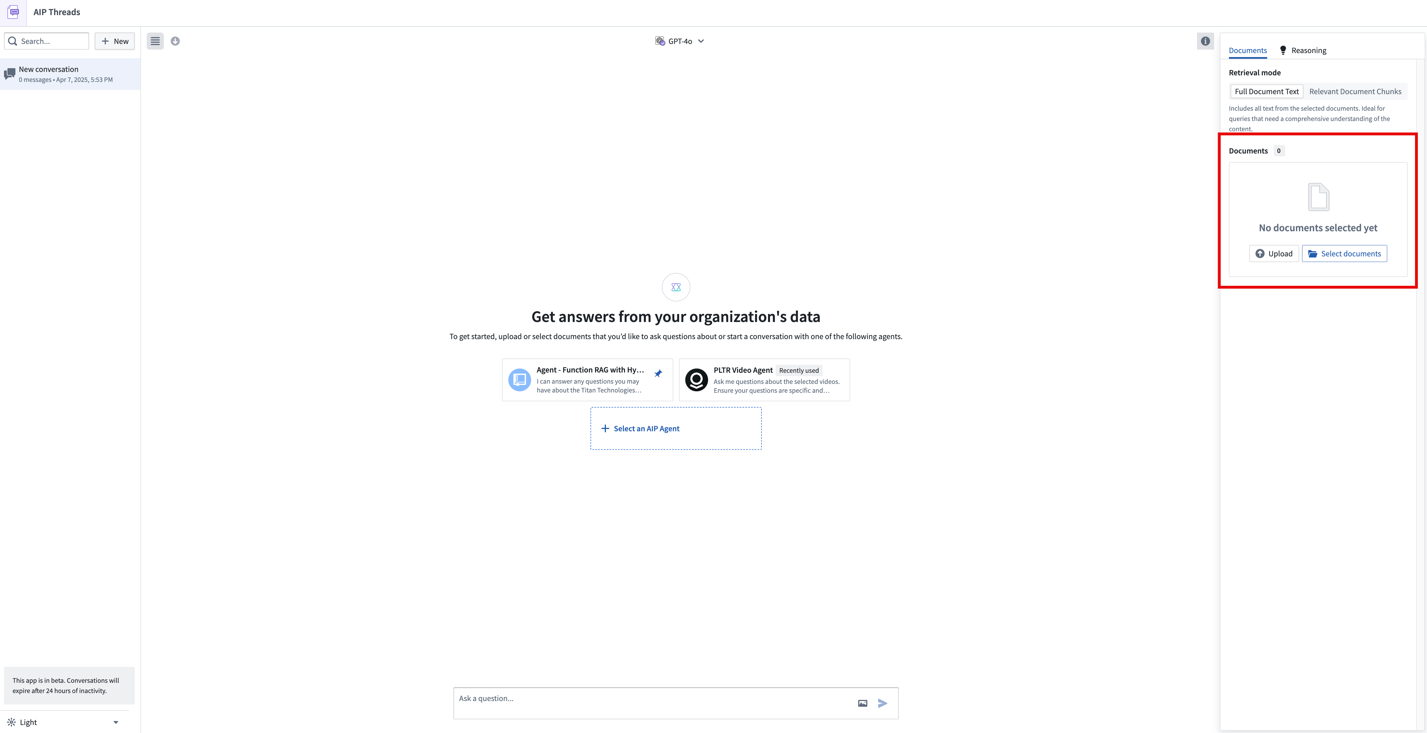 AIP Threads 截图,突出显示了右上角的 'Upload documents' 选项以及文档卡片中的 'Upload documents to AIP Threads' 选项。