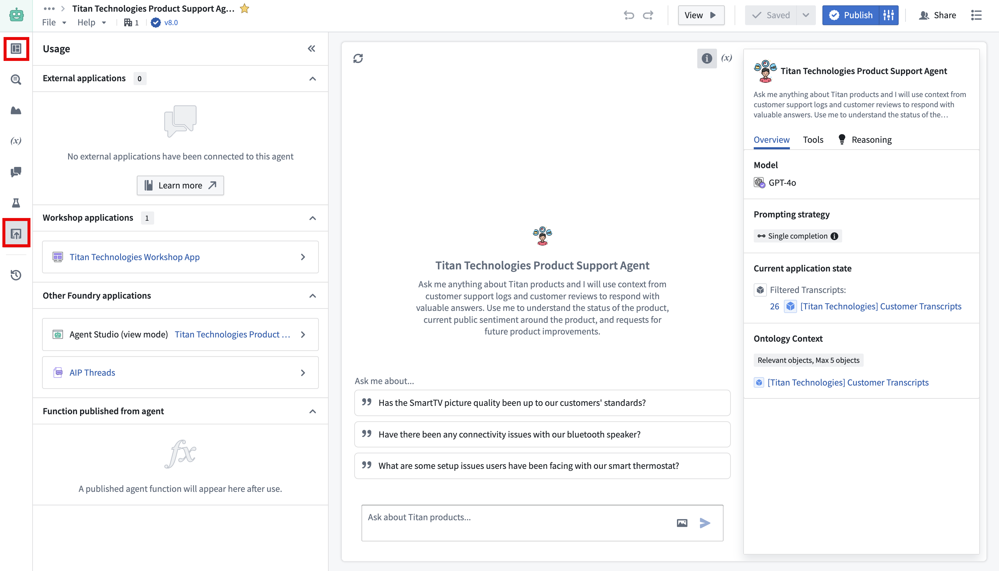 AIP Chatbot Studio 编辑模式的 usage 标签页。