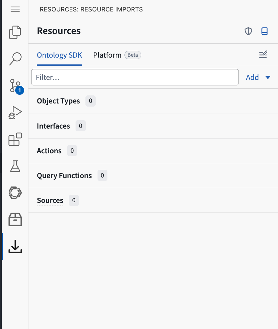 VS Code 中已选中 Resource imports 图标,Resources 面板显示可用的 Ontology SDK 资源类型。
