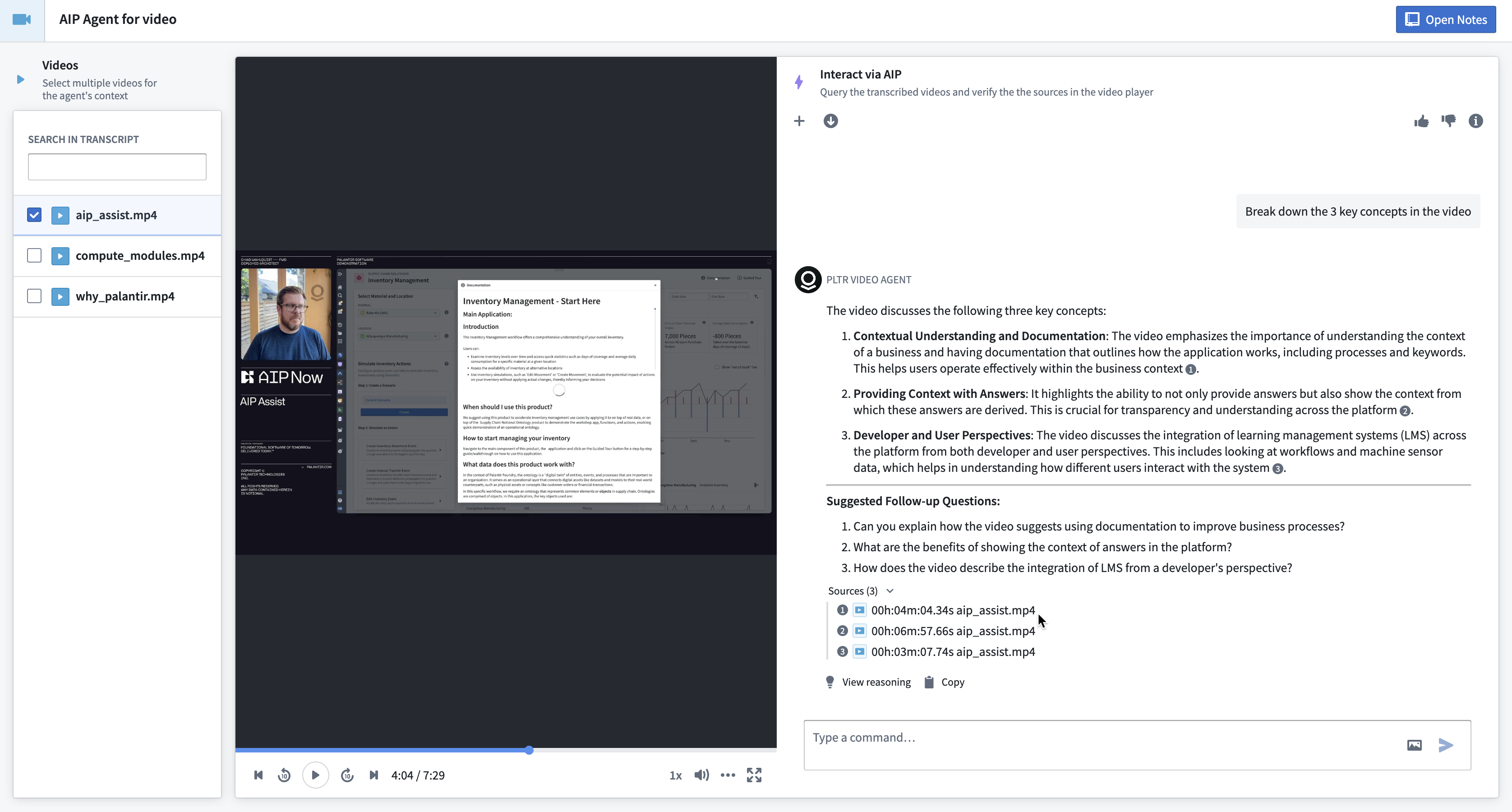 上述 AIP Chatbot 部署在 Workshop 应用程序中的截图。